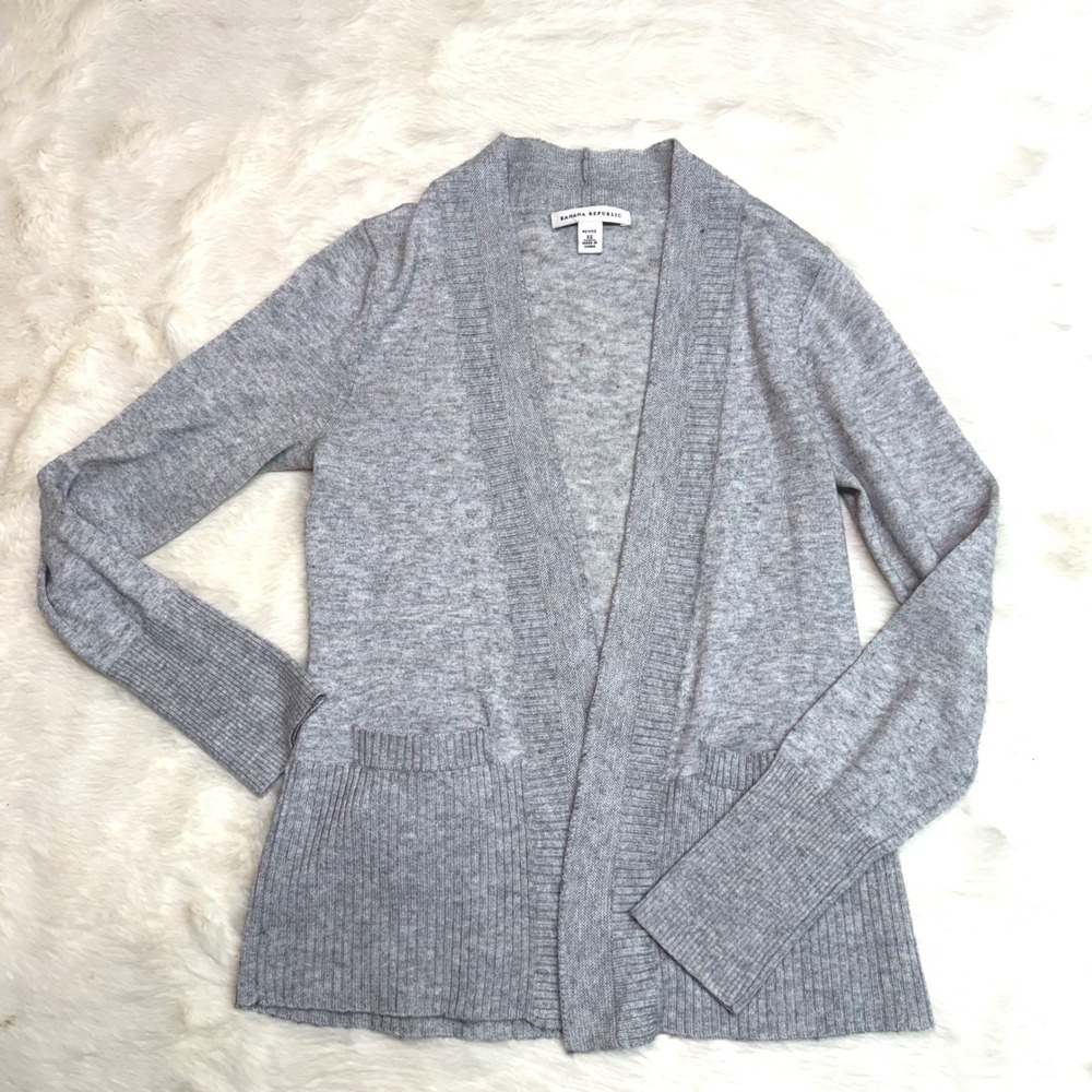 Banana‎ Republic Cardigan Women Petite XS Grey Wool Blend Open Front Ribbed Knit